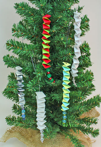 Catstep Braid and Bead Ornament showing five finished