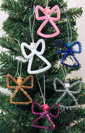 Easy Angel Crafts Wire Cross Angel five finished angels hanging on a tree