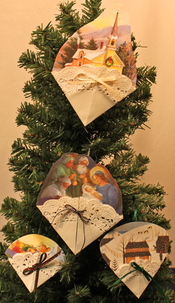 Easy Christmas Crafts Paper Doily Greeting Card Ornament four finished decorating a tree