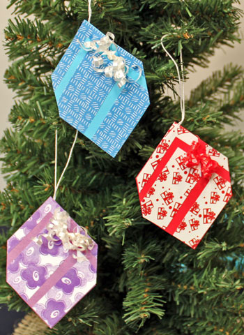 Easy Paper Crafts Gift Box Gift Tag three as ornaments hanging on tree