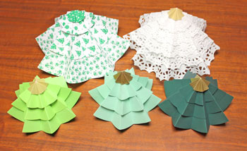 Folded Paper Circles Christmas Tree forest of five on display