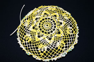 Frugal fun crafts doily pillow bow from yellow side