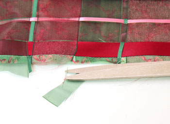 Fun Easy Woven Ribbon Pillow Plaid step 7 sew ribbon to back trim ribbon ends