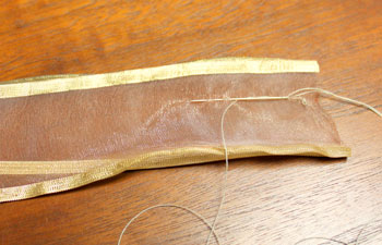 Golden Ribbon Wreath Ornament step 2 begin 1st row of stitched