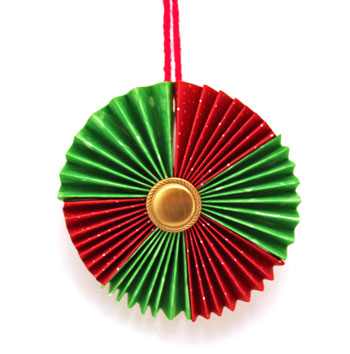 Paper Wreath Ornament using red and green scrapbook paper hanging for display
