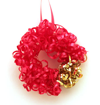 Curly Ribbon Ornament step 12 hang finished red and gold ornament