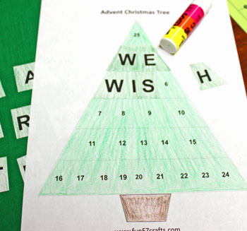 Easy Advent Christmas Tree coloring version step 4 glue letters