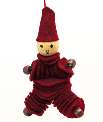 Felt and Bead Elf dark red finished on display