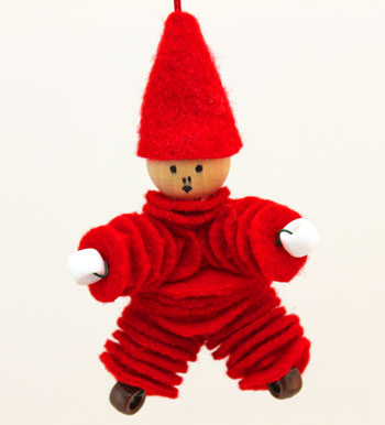 Felt and Bead Elf bright red finished on display