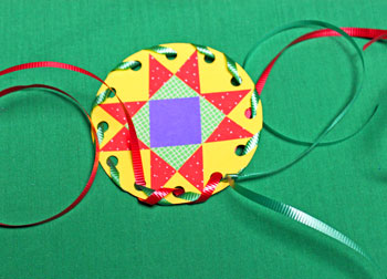 Paper Quilt Patch Ornament step 13 weave second ribbon